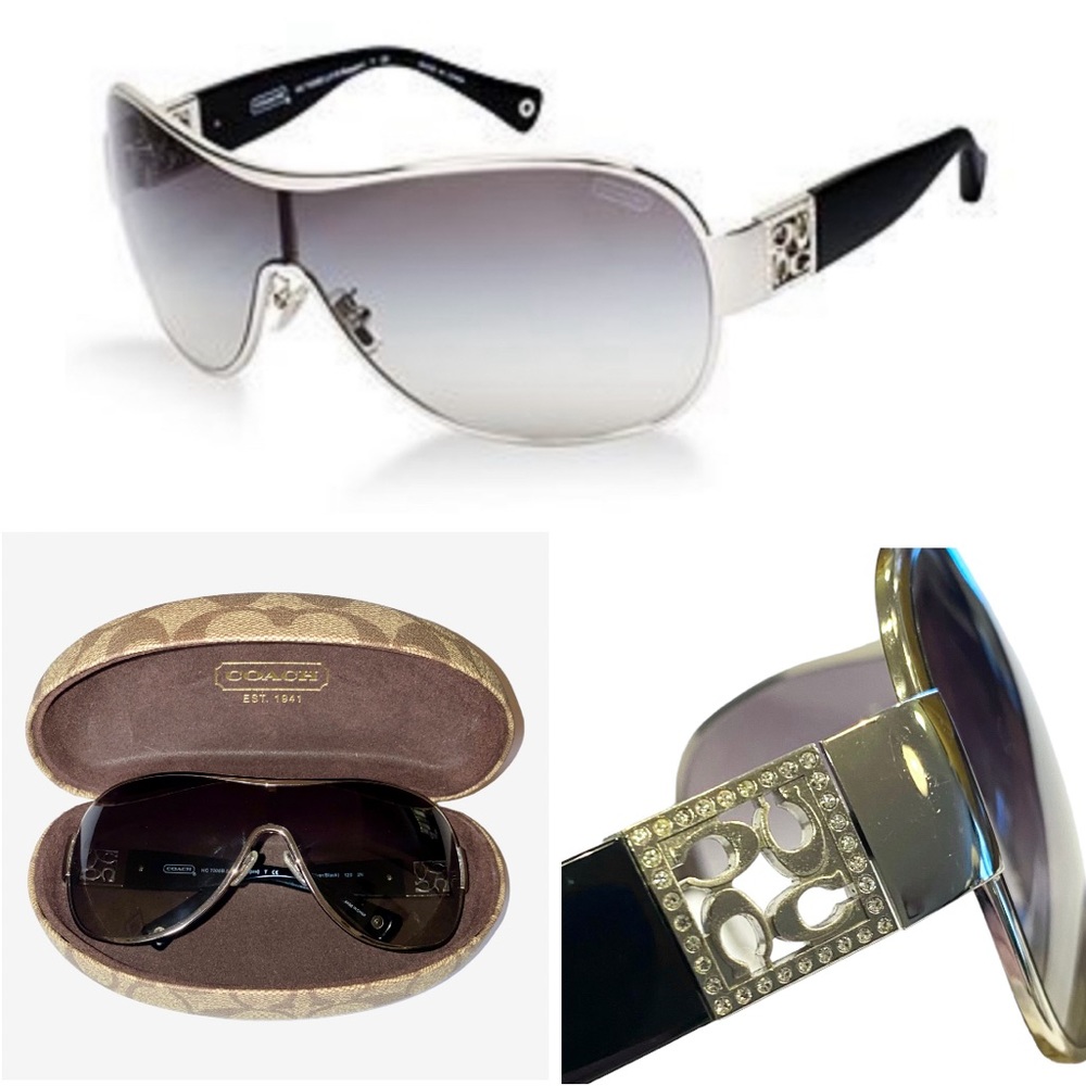 COACH Aviator Shield Sunglasses NWOT in Black & Silver w/Rhinestone Logo Detail